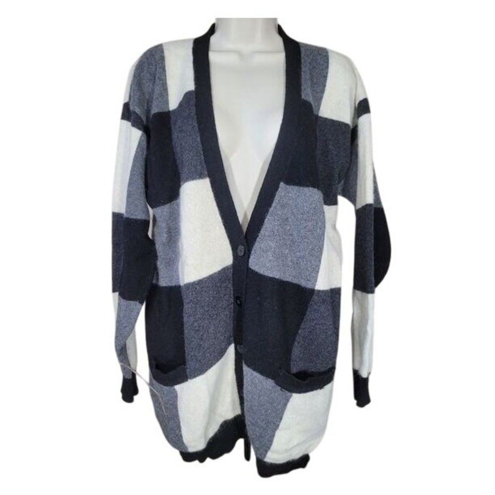 Lambs Wool Angora Vintage Studio Michelle Stuart Cardigan w/m Gray Plaid LN